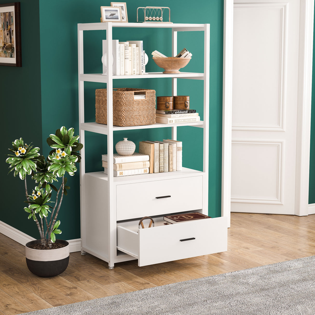 Brown Industrial Bookshelf with 2 Drawers, 5-Tier Bookcase with Open Shelf, Display Decorative Shelf for Living Room Office