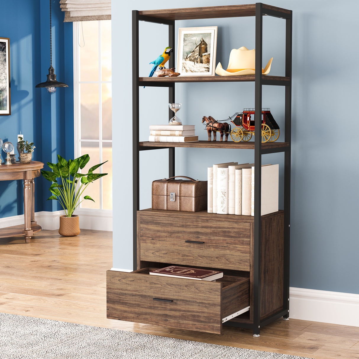 Brown Industrial Bookshelf with 2 Drawers, 5-Tier Bookcase with Open Shelf, Display Decorative Shelf for Living Room Office