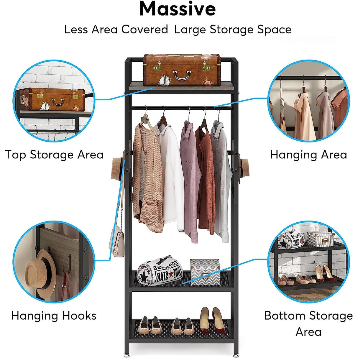 Industrial Small Clothes rack with shelves,freestanding closet organizer,27'' W X69'' H