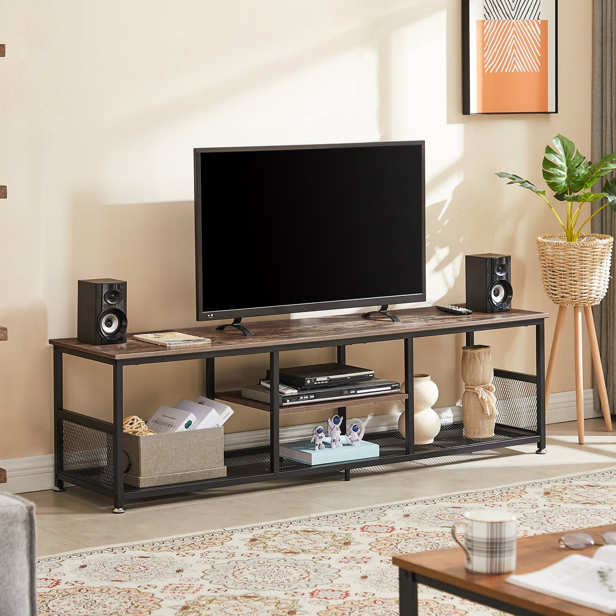 Javlergo TV Stand Industrial Entertainment Center Media Console Table with Storage and Mesh Shelf for Living Room/Bedroom, Brown