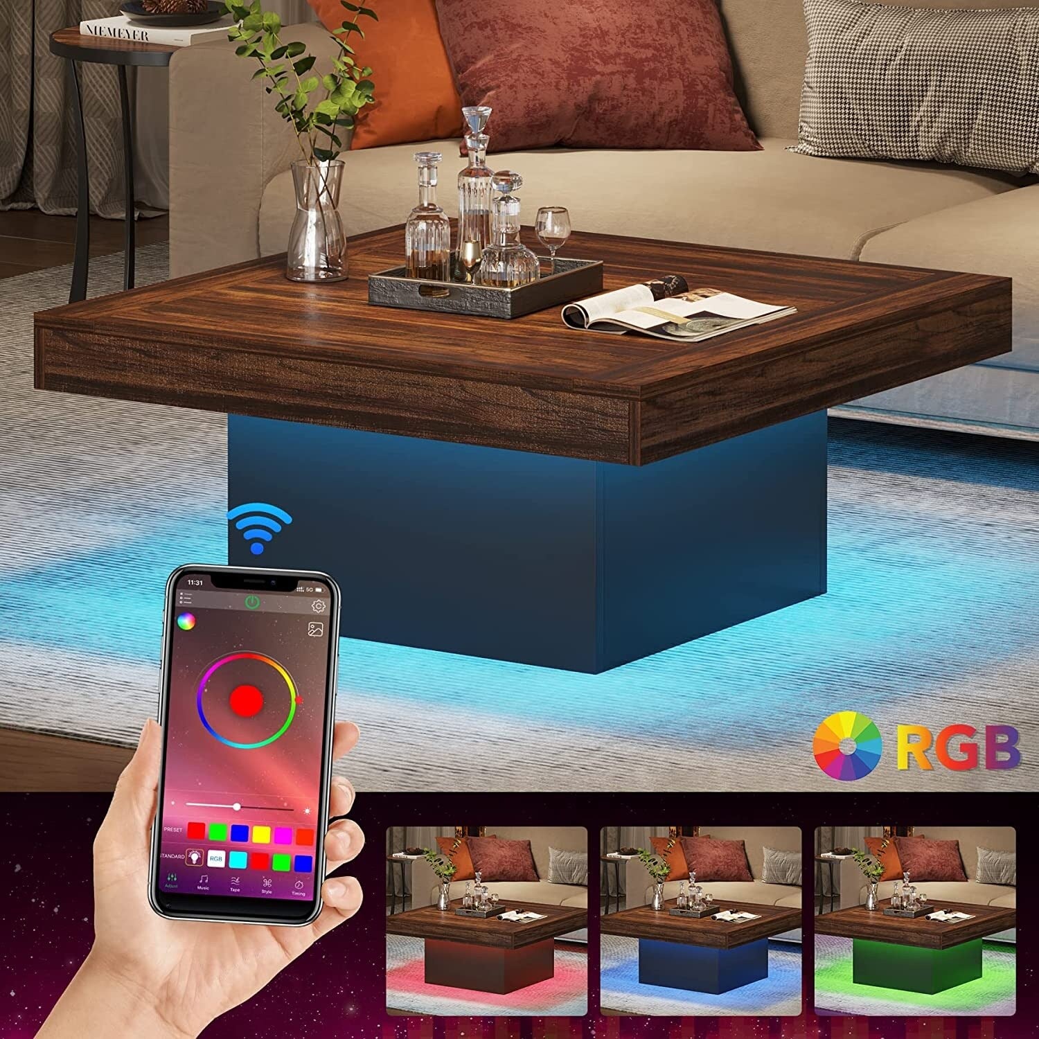 35.43 Square LED Coffee Center Table for Living Room Overstock