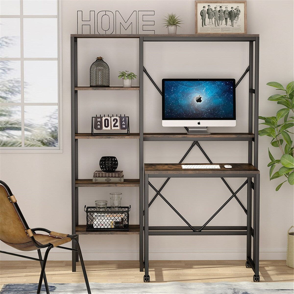 Computer Desk, Office Desk with 5 Storage Shelves and Monitor Stand