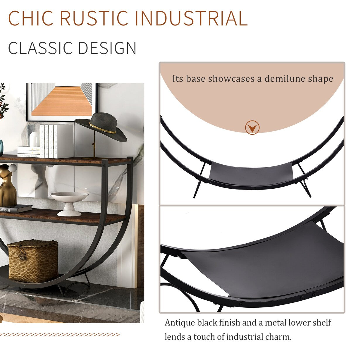 Industrial Design Demilune Shape Wood Console Table (Distressed Brown) - 48"L x 15"W x 33.85"H