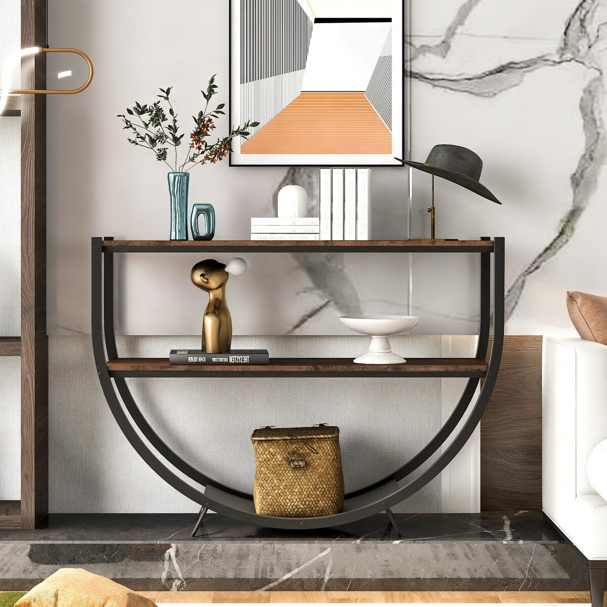 Industrial Design Demilune Shape Wood Console Table (Distressed Brown) - 48"L x 15"W x 33.85"H