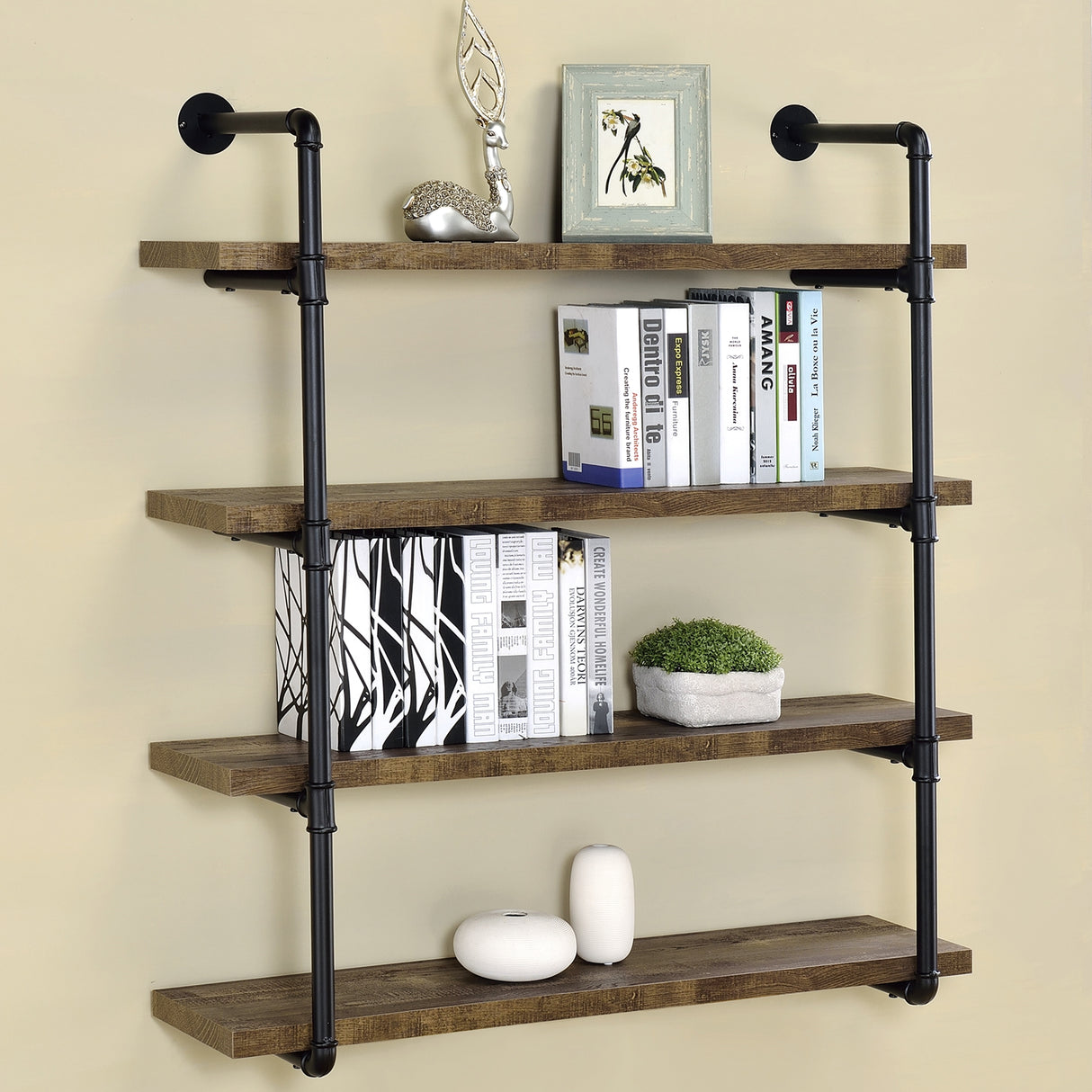 Industrial Design Large Wall-Mounted Book Shelf Display with Metal Pipe Frame