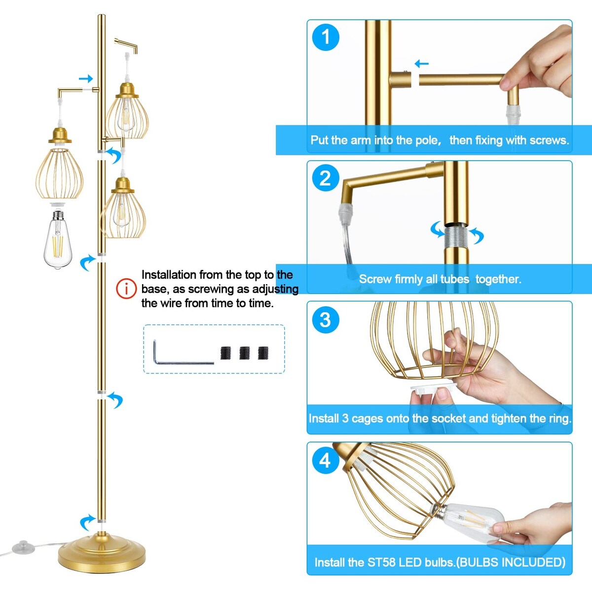 Industrial Floor Lamp for Living Room, Golden Farmhouse Floor Lamp with 3 Elegant Teardrop Cage Heads & ST58 Edison LED Bulbs