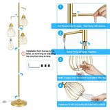 Industrial Floor Lamp for Living Room, Golden Farmhouse Floor Lamp with 3 Elegant Teardrop Cage Heads & ST58 Edison LED Bulbs