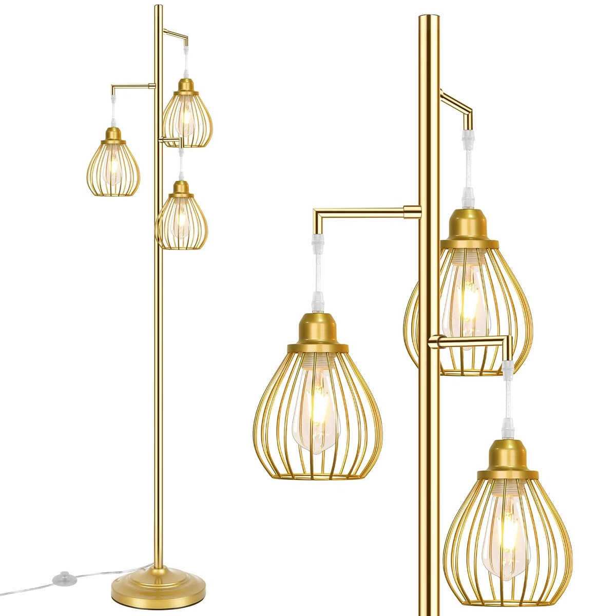 Industrial Floor Lamp for Living Room, Golden Farmhouse Floor Lamp with 3 Elegant Teardrop Cage Heads & ST58 Edison LED Bulbs