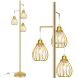 Industrial Floor Lamp for Living Room, Golden Farmhouse Floor Lamp with 3 Elegant Teardrop Cage Heads & ST58 Edison LED Bulbs