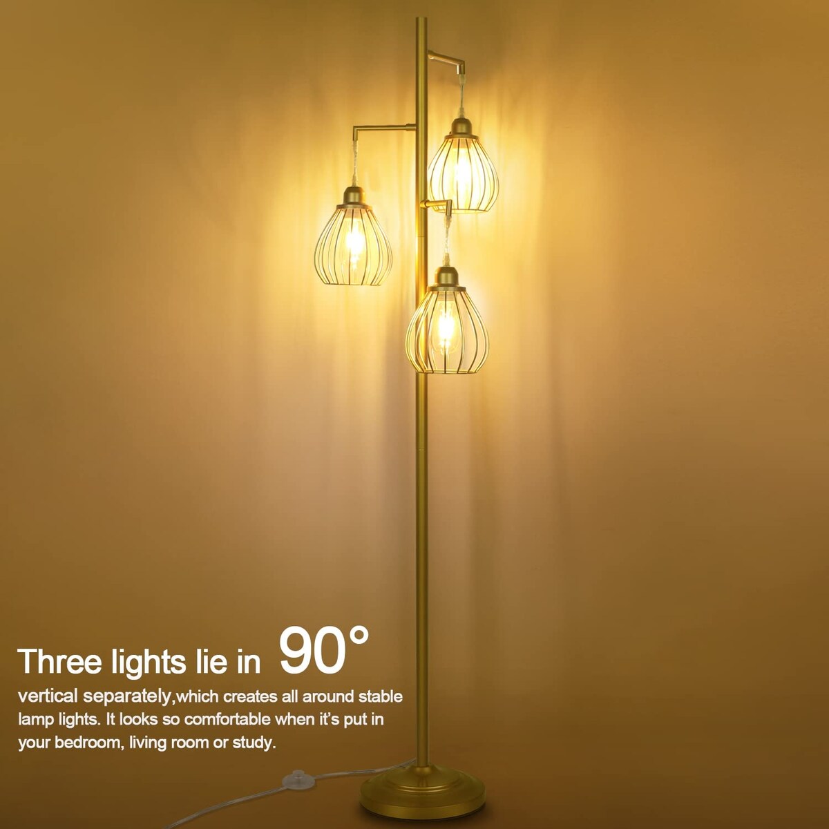 Industrial Floor Lamp for Living Room, Golden Farmhouse Floor Lamp with 3 Elegant Teardrop Cage Heads & ST58 Edison LED Bulbs