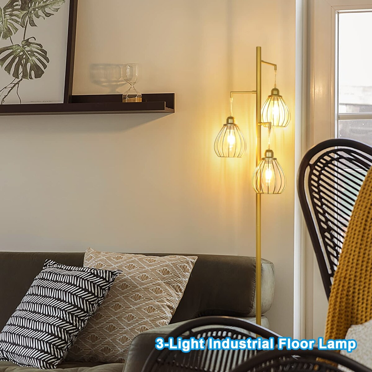 Industrial Floor Lamp for Living Room, Golden Farmhouse Floor Lamp with 3 Elegant Teardrop Cage Heads & ST58 Edison LED Bulbs