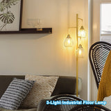 Industrial Floor Lamp for Living Room, Golden Farmhouse Floor Lamp with 3 Elegant Teardrop Cage Heads & ST58 Edison LED Bulbs