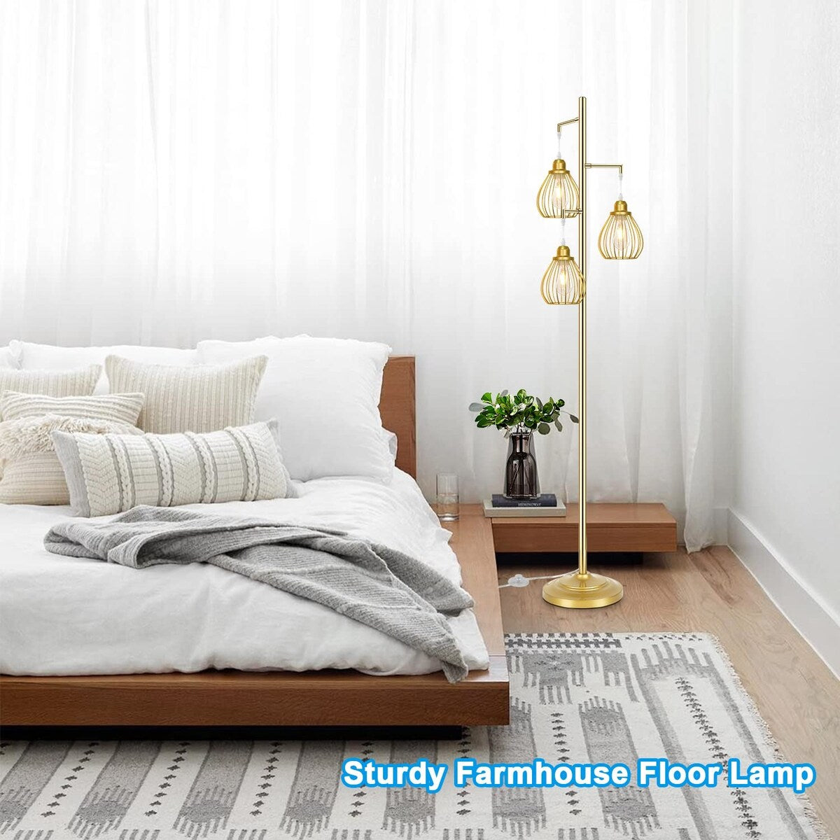 Industrial Floor Lamp for Living Room, Golden Farmhouse Floor Lamp with 3 Elegant Teardrop Cage Heads & ST58 Edison LED Bulbs