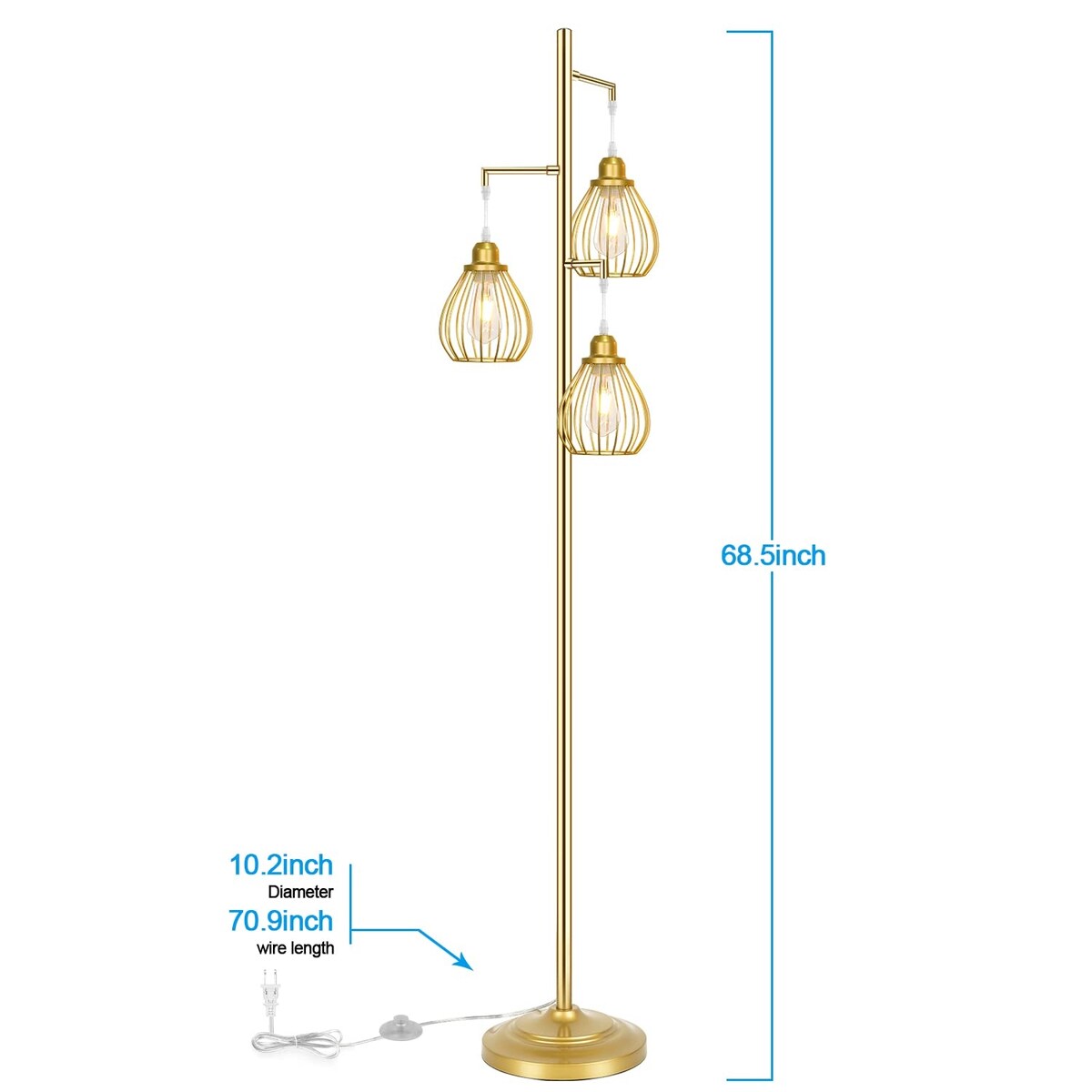 Industrial Floor Lamp for Living Room, Golden Farmhouse Floor Lamp with 3 Elegant Teardrop Cage Heads & ST58 Edison LED Bulbs