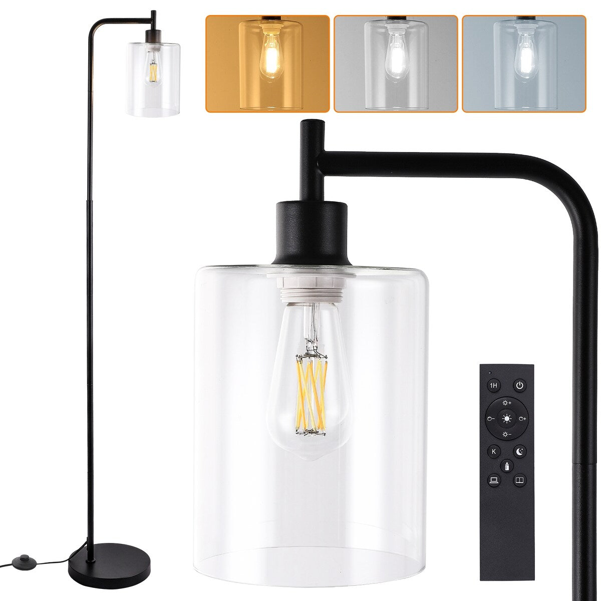 Industrial Floor Lamp, Dimmable Modern Standing Lamp with Clear Glass Shade - Black