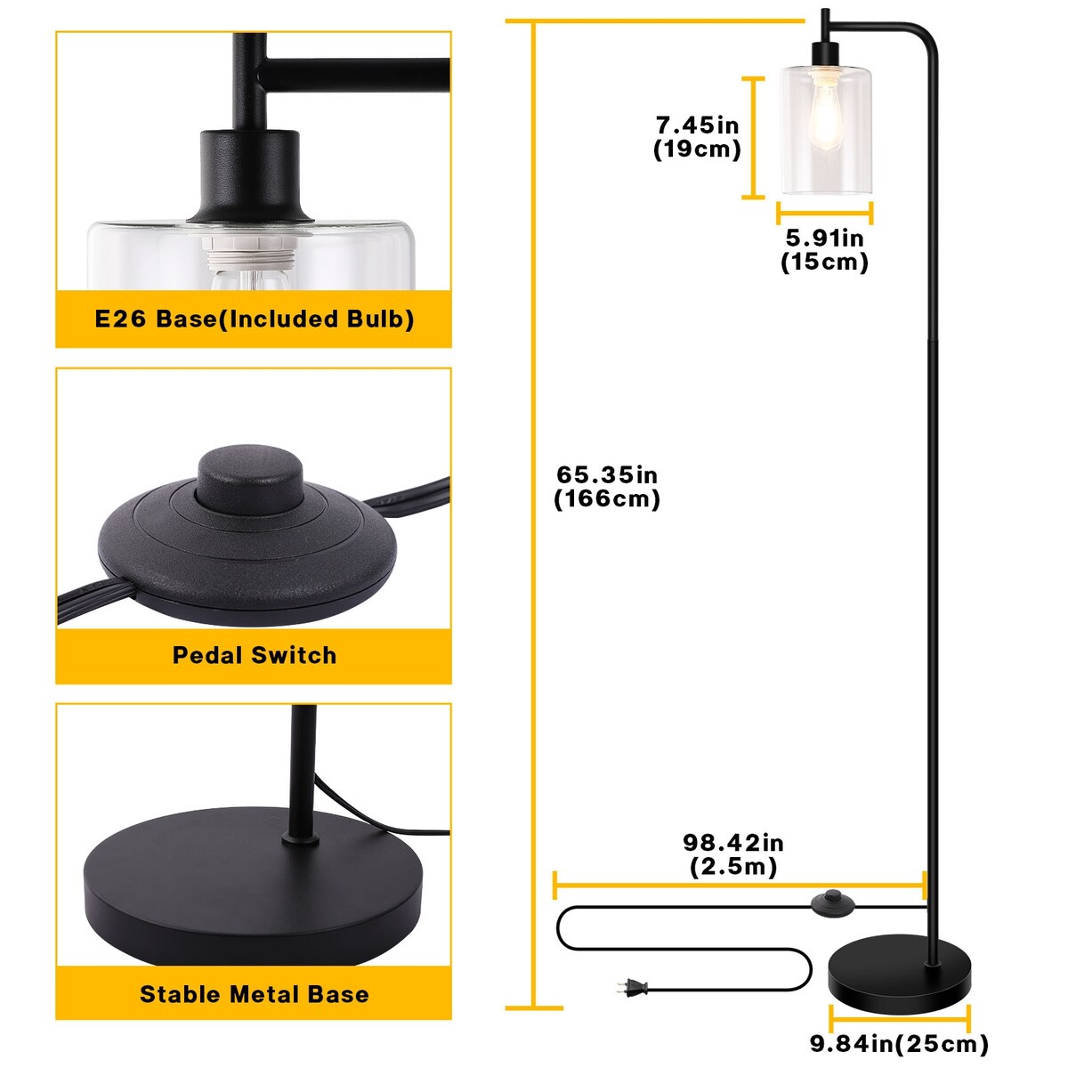 Industrial Floor Lamp, Dimmable Modern Standing Lamp with Clear Glass Shade - Black
