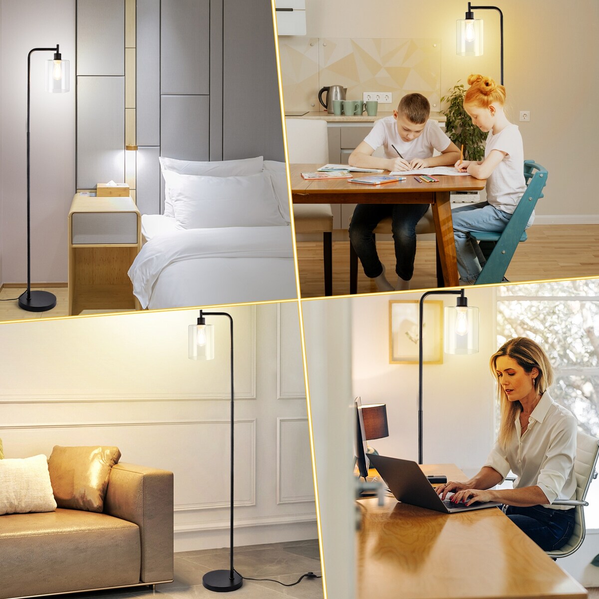 Industrial Floor Lamp, Dimmable Modern Standing Lamp with Clear Glass Shade - Black