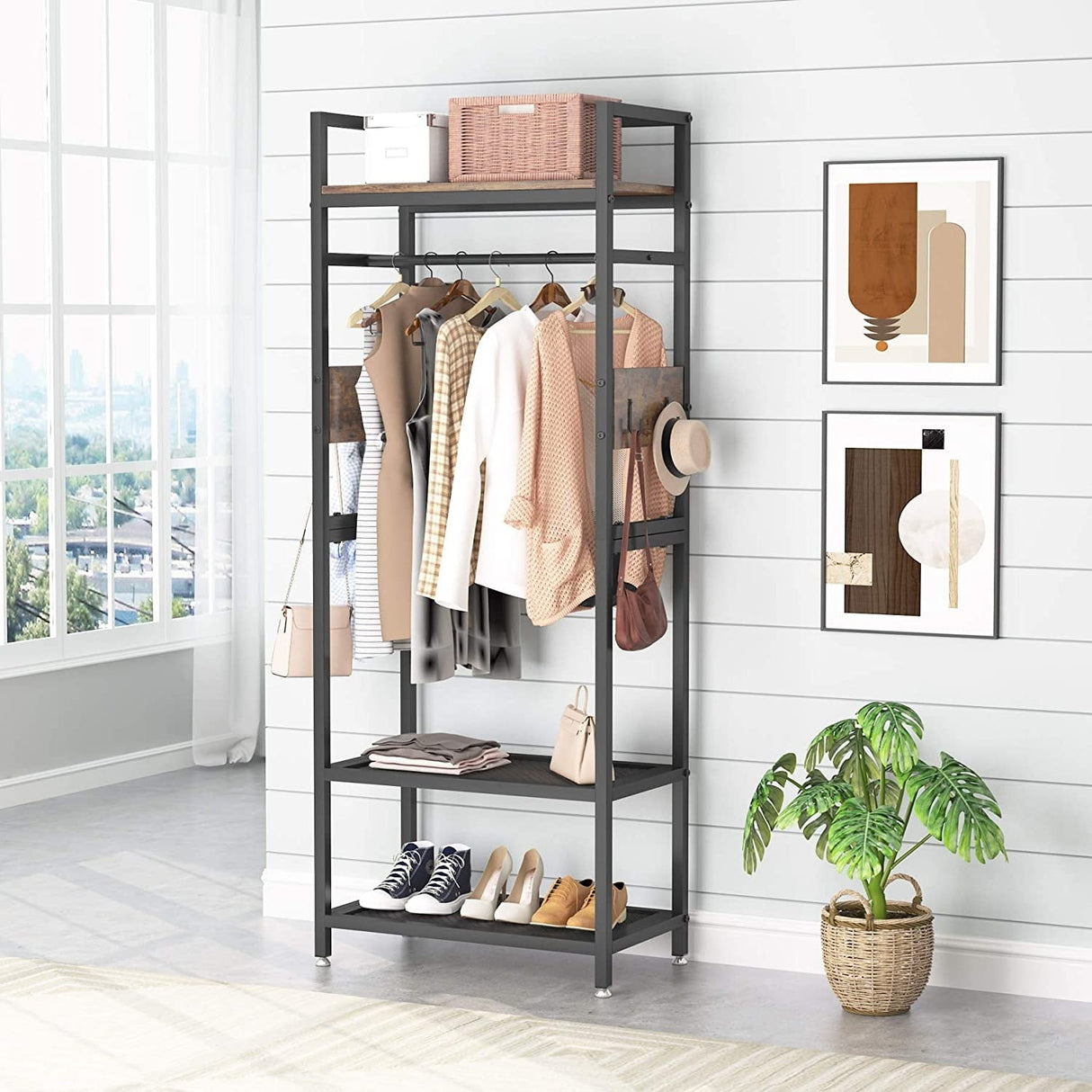 Industrial Small Clothes rack with shelves,freestanding closet organizer,27'' W X69'' H