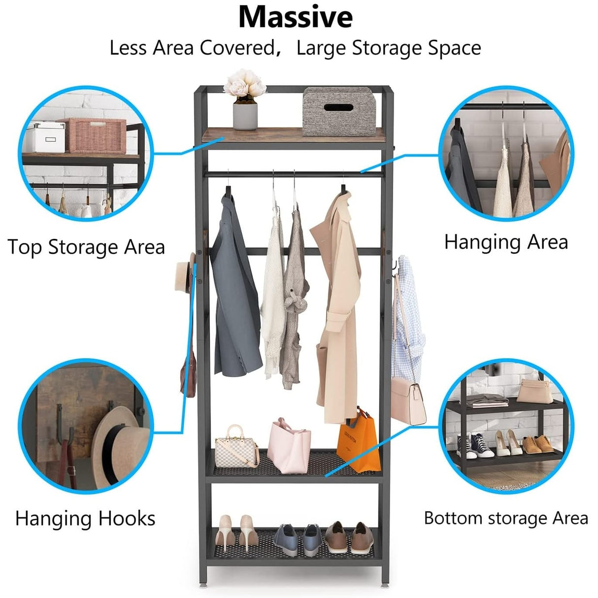 Industrial Small Clothes rack with shelves,freestanding closet organizer,27'' W X69'' H