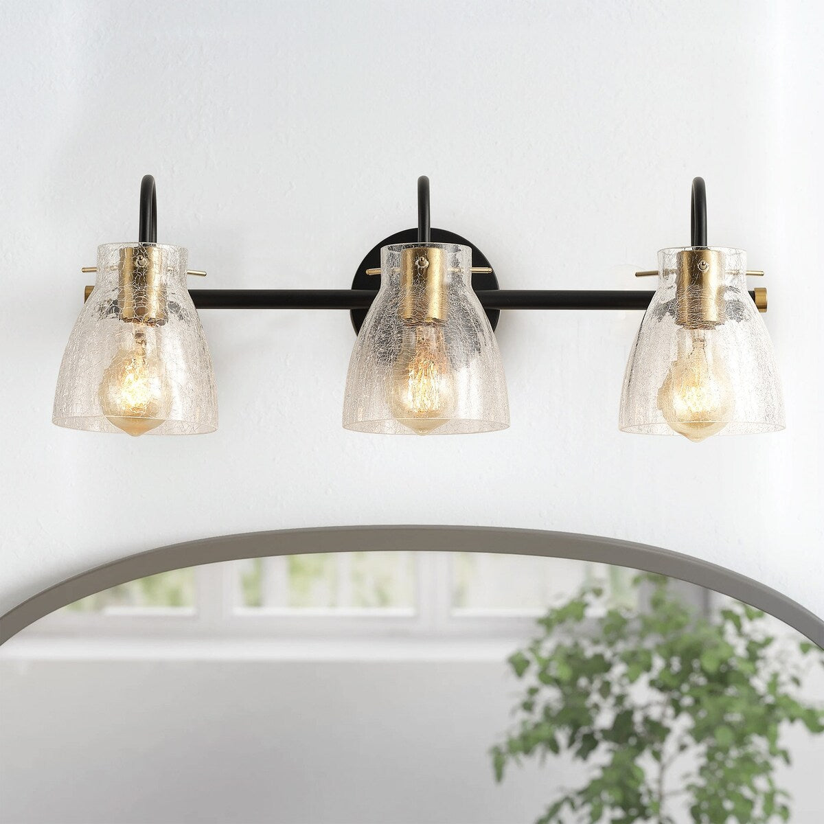 Industrial Matte Black Bathroom Vanity Light with Cracked Craft Glass Shade