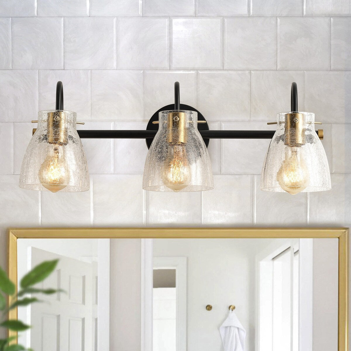 Industrial Matte Black Bathroom Vanity Light with Cracked Craft Glass Shade