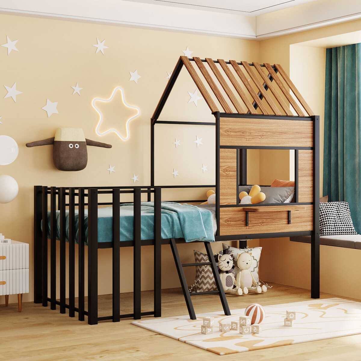 Industrial Metal Twin size Loft Bed with Roof Window Guardrail and L Overstock