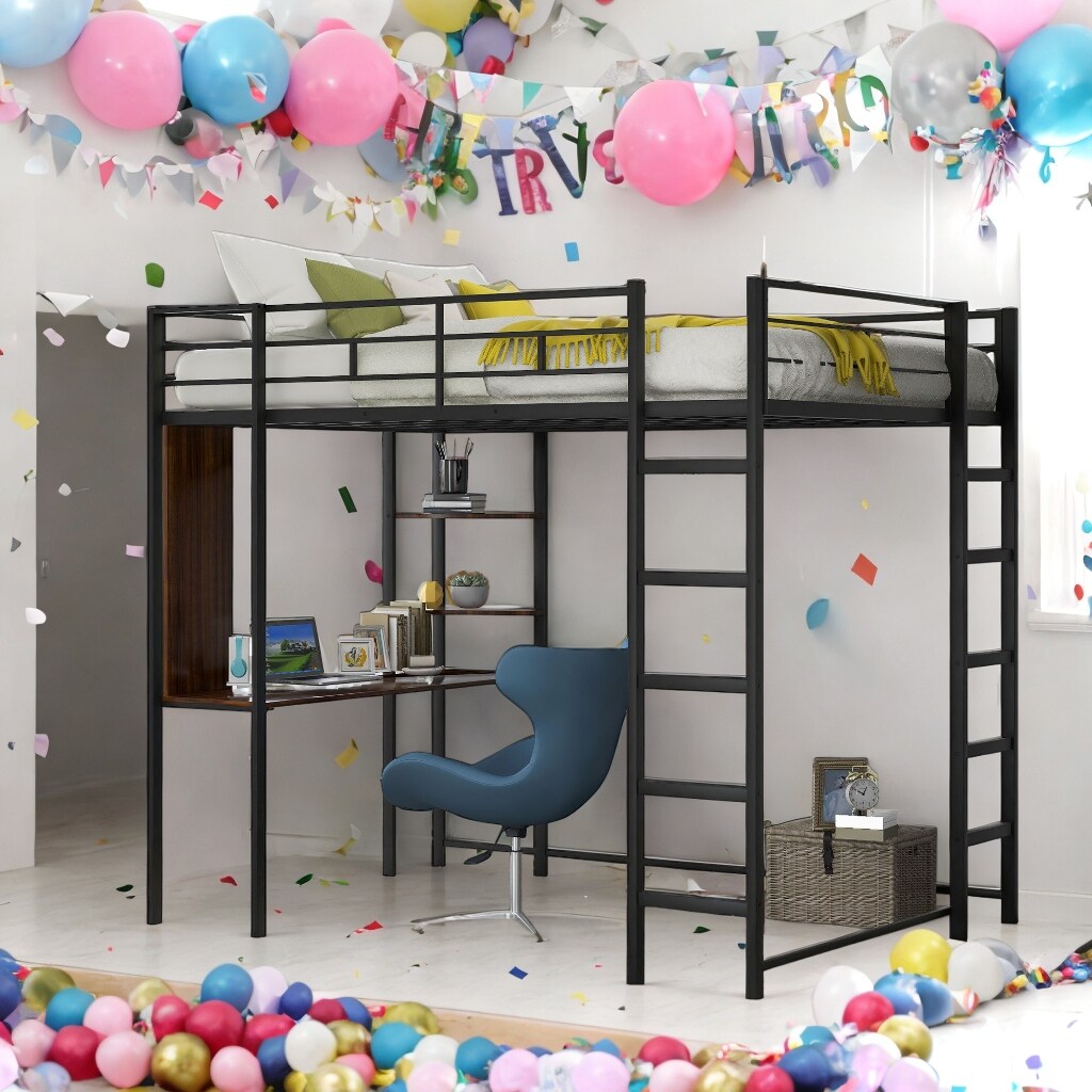 Industrial Modern Full Metal Loft Bed with 2 Shelves, 2 built-in ladders and Desk, Sturdy Construction & Guaranteed, Black