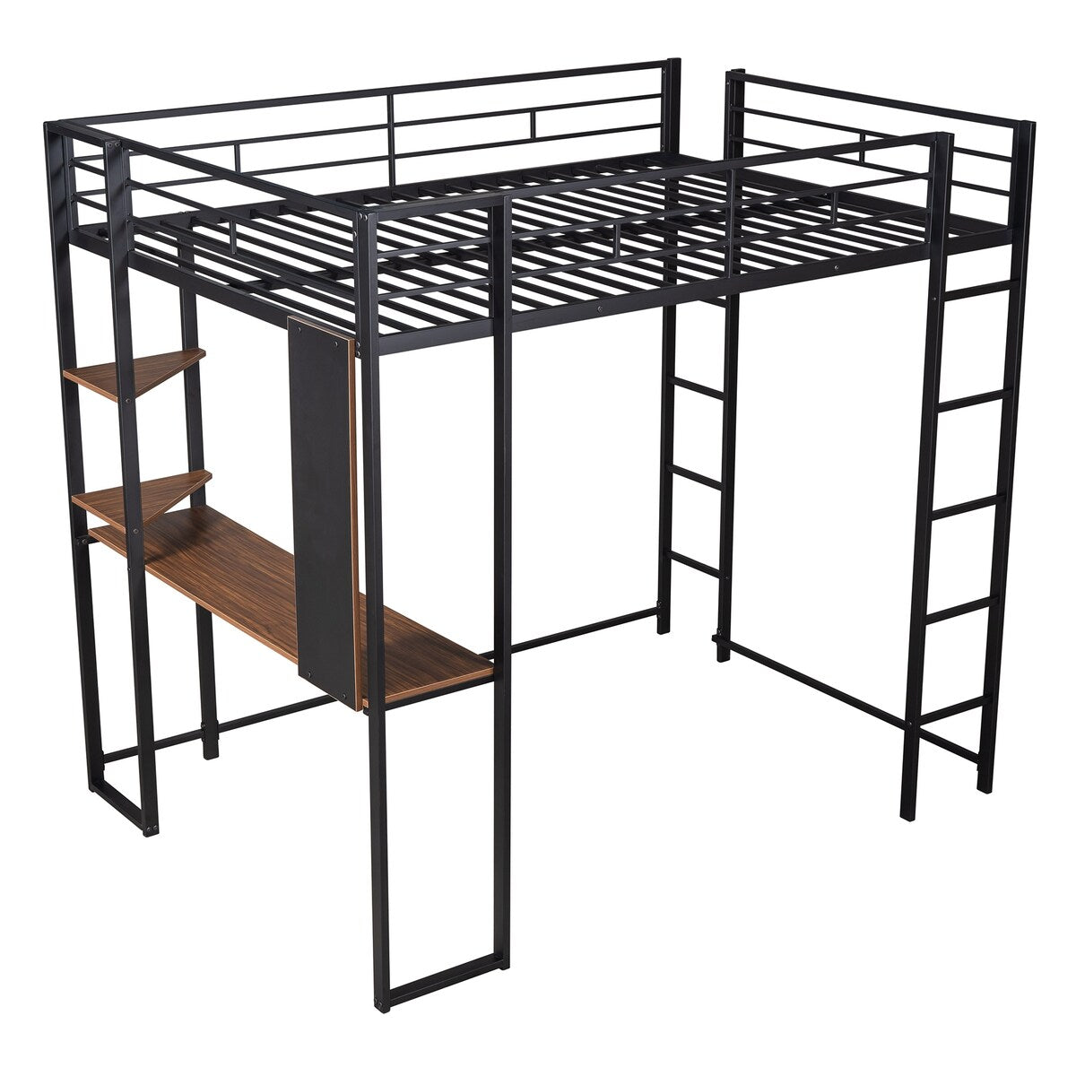 Industrial Modern Full Metal Loft Bed with 2 Shelves, 2 built-in ladders and Desk, Sturdy Construction & Guaranteed, Black