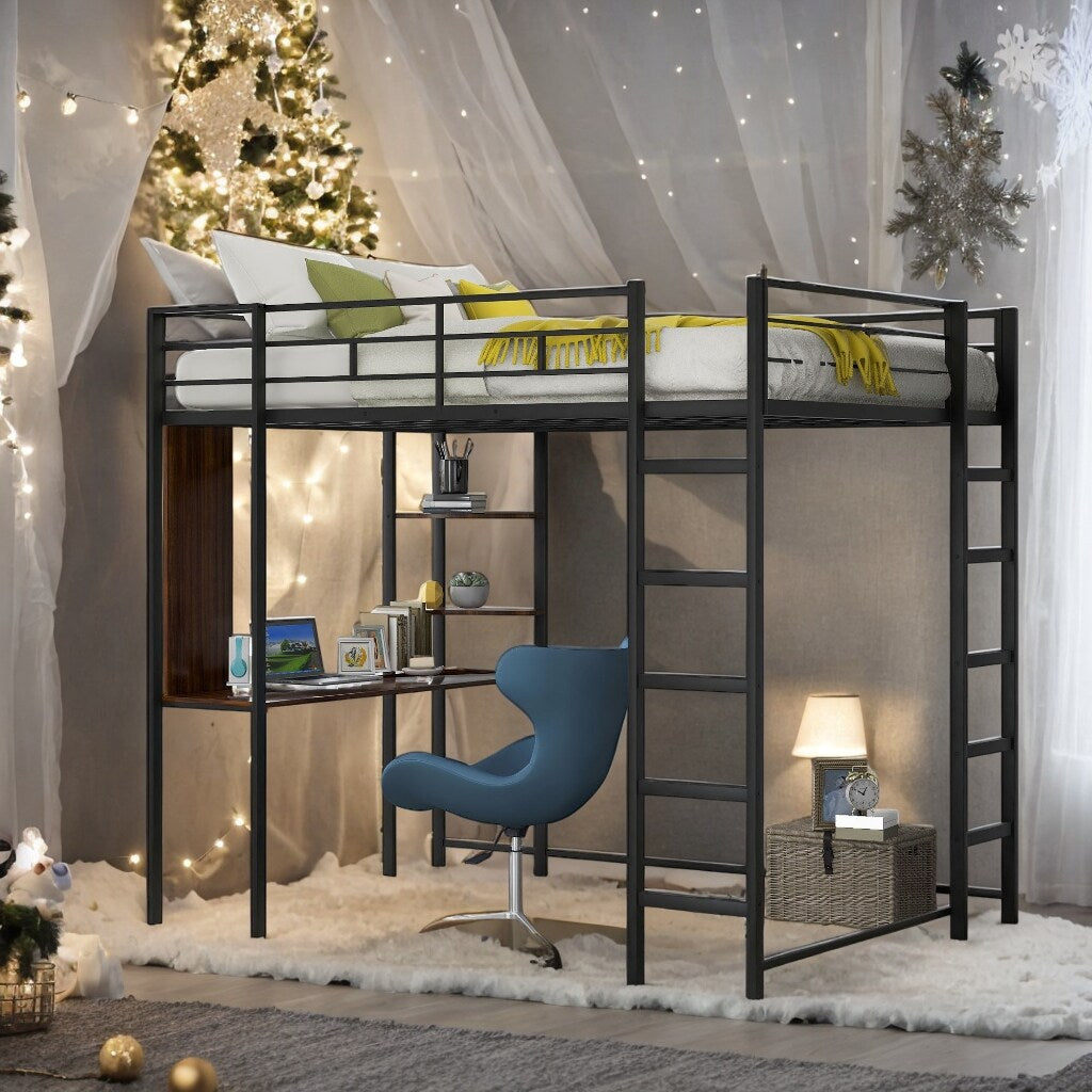 Industrial Modern Full Metal Loft Bed with 2 Shelves, 2 built-in ladders and Desk, Sturdy Construction & Guaranteed, Black