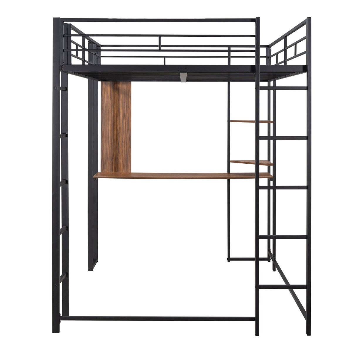 Industrial Modern Full Metal Loft Bed with 2 Shelves, 2 built-in ladders and Desk, Sturdy Construction & Guaranteed, Black