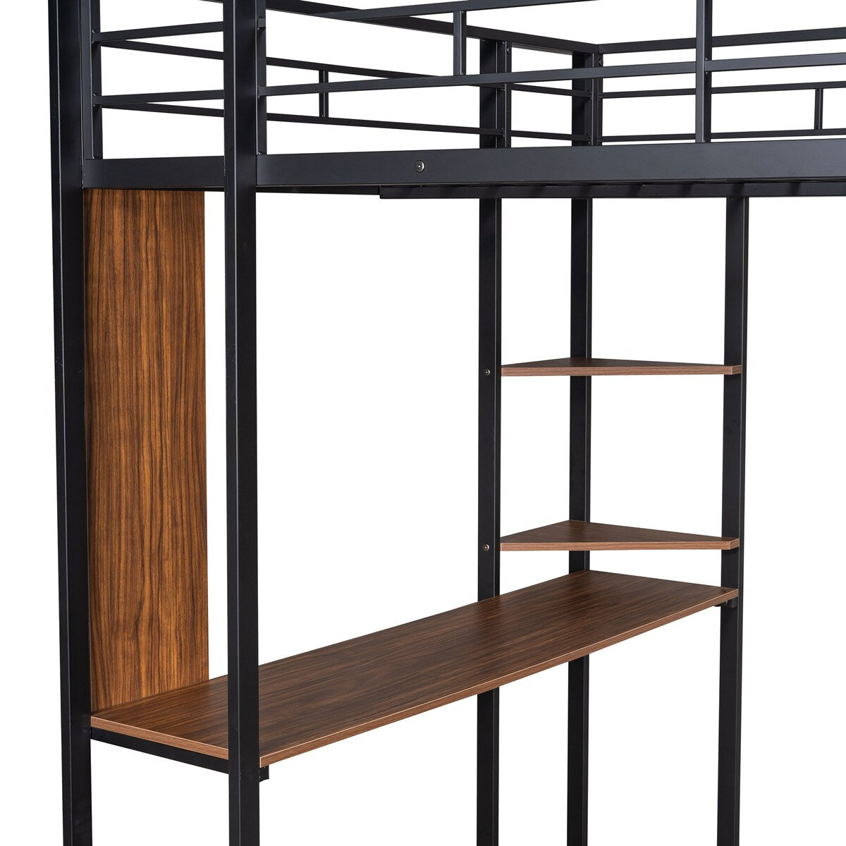 Industrial Modern Full Metal Loft Bed with 2 Shelves, 2 built-in ladders and Desk, Sturdy Construction & Guaranteed, Black