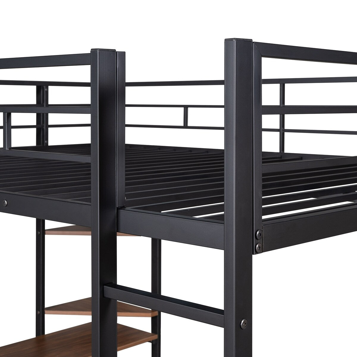 Industrial Modern Full Metal Loft Bed with 2 Shelves, 2 built-in ladders and Desk, Sturdy Construction & Guaranteed, Black