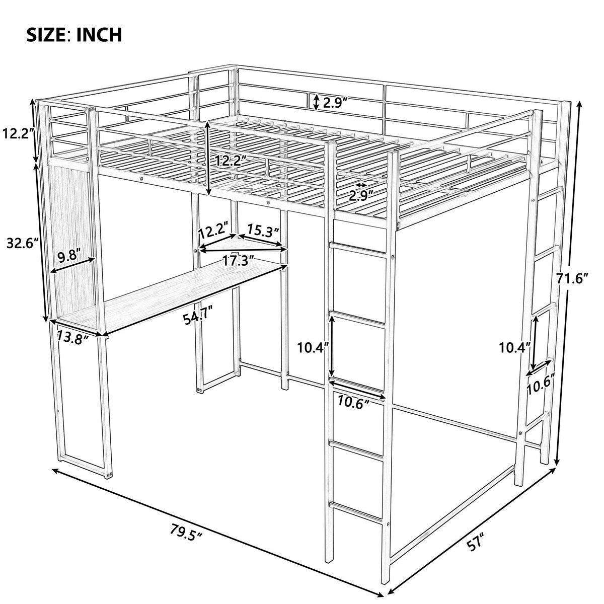 Industrial Modern Full Metal Loft Bed with 2 Shelves, 2 built-in ladders and Desk, Sturdy Construction & Guaranteed, Black