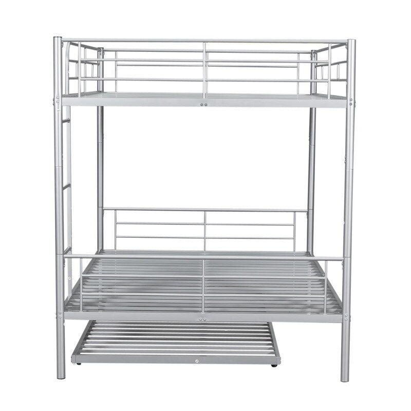 Industrial Modern Full Over Full Metal Bunk Bed with Trundle, Silver