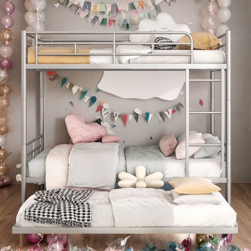 Industrial Modern Full Over Full Metal Bunk Bed with Trundle, Silver