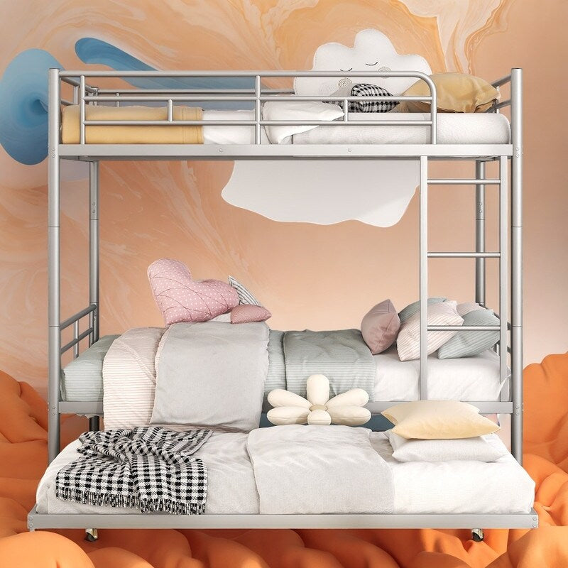 Industrial Modern Full Over Full Metal Bunk Bed with Trundle, Silver