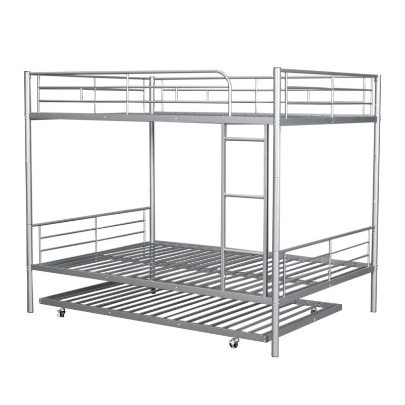 Industrial Modern Full Over Full Metal Bunk Bed with Trundle, Silver
