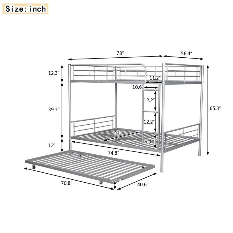 Industrial Modern Full Over Full Metal Bunk Bed with Trundle, Silver