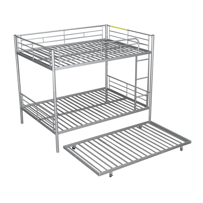 Industrial Modern Full Over Full Metal Bunk Bed with Trundle, Silver