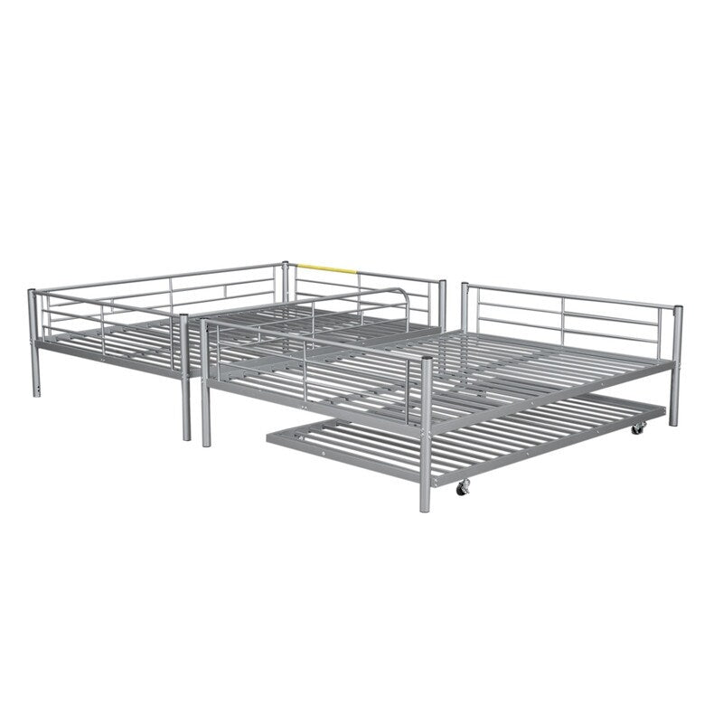 Industrial Modern Full Over Full Metal Bunk Bed with Trundle, Silver