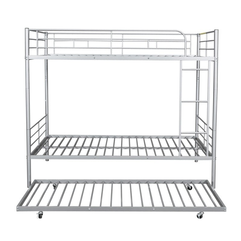Industrial Modern Full Over Full Metal Bunk Bed with Trundle, Silver