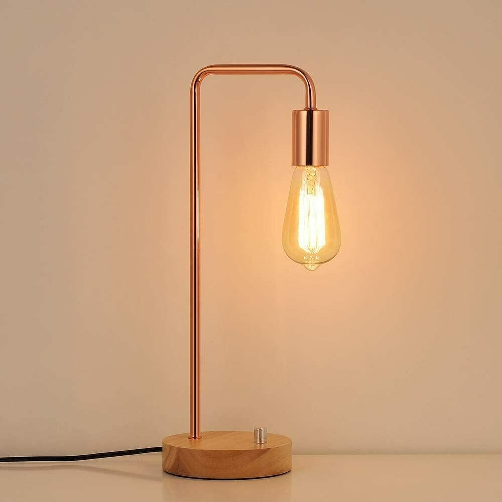 Industrial Nightstand Lamp with Wooden Base, Metal Rose Gold