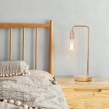 Industrial Nightstand Lamp with Wooden Base, Metal Rose Gold