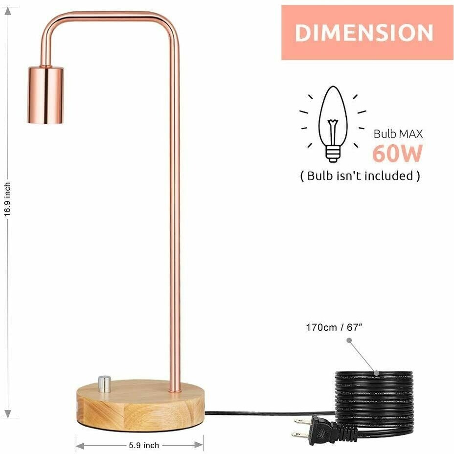 Industrial Nightstand Lamp with Wooden Base, Metal Rose Gold