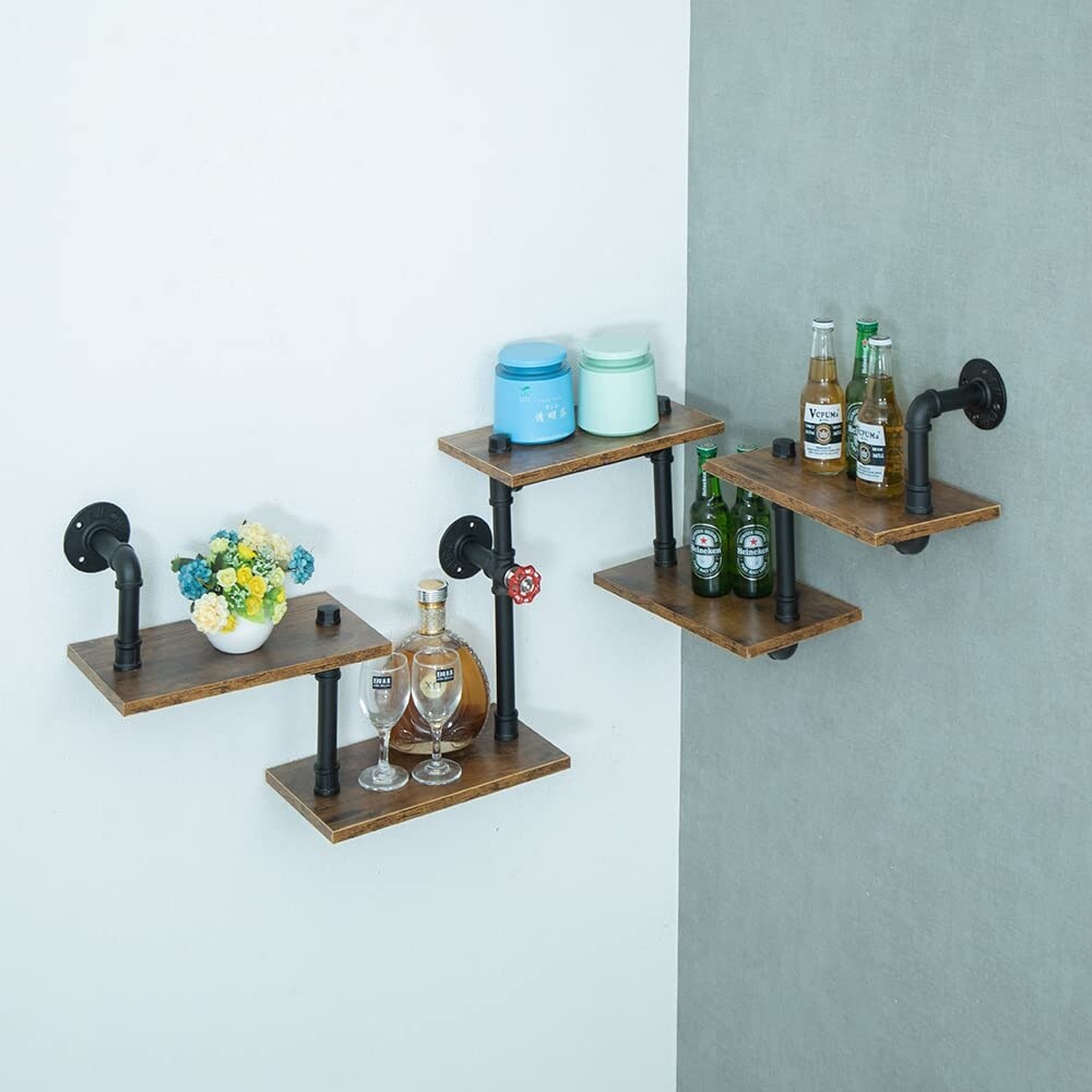 Industrial Pipe Shelving, Pipe Shelves with Wood Planks, Floating Shelves Wall Mounted, Retro Rustic Industrial Shelf