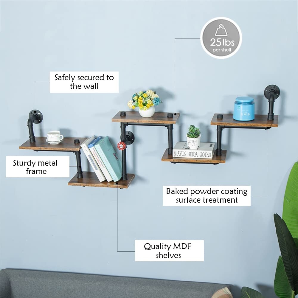 Industrial Pipe Shelving, Pipe Shelves with Wood Planks, Floating Shelves Wall Mounted, Retro Rustic Industrial Shelf