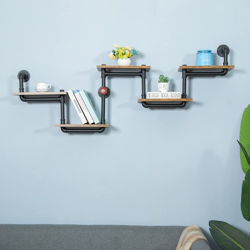 Industrial Pipe Shelving, Pipe Shelves with Wood Planks, Floating Shelves Wall Mounted, Retro Rustic Industrial Shelf