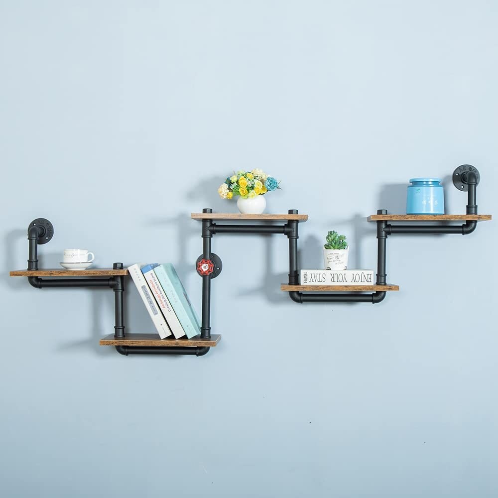 Industrial Pipe Shelving, Pipe Shelves with Wood Planks, Floating Shelves Wall Mounted, Retro Rustic Industrial Shelf