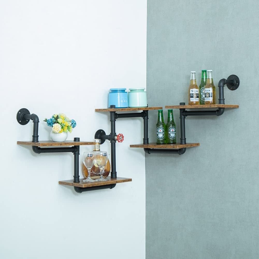 Industrial Pipe Shelving, Pipe Shelves with Wood Planks, Floating Shelves Wall Mounted, Retro Rustic Industrial Shelf
