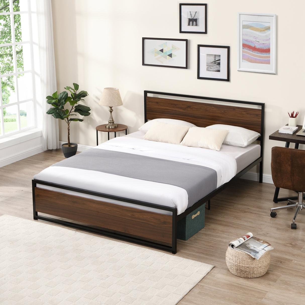 Industrial Platform Bed Frame Foundation with Headboard and Footboard